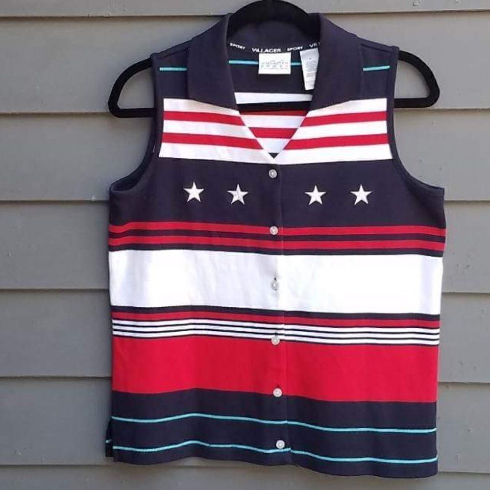 Villager Knit Red/White/Blue Button Down Top Size Medium Like New